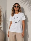 Minimal Gülümseyen Yüz Baskılı Tişört Kısa Kol Yazlık T-Shirt - Beyaz