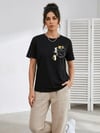 Sevimli Kedi Cep Baskılı Tişört Kısa Kol Yazlık T-Shirt - Siyah