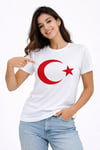 T-Shirt Kısa Kol Bisiklet Yaka Ay Yıldız Bayrak Baskılı Tişört - Beyaz
