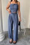 TENCEL CROP ASKILI BLUZ - ŞALVAR PANTOLON TK - İndigo