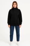 Üç İplik Dık Yaka Yarım Fermuarlı SweatShirt - Siyah