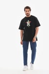 Unisex Bisiklet Yaka Baskılı Oversize T-Shirt - Siyah
