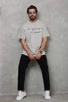 Unisex Bisiklet Yaka Baskılı Oversize T-Shirt - Gri