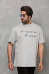 Unisex Bisiklet Yaka Baskılı Oversize T-Shirt - Gri