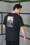 Unisex Bisiklet Yaka Baskılı Oversize T-Shirt - Siyah