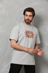 Unisex Bisiklet Yaka Baskılı Oversize T-Shirt - Gri