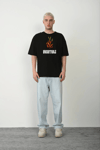 Unisex Bisiklet Yaka Baskılı Oversize T-Shirt - Siyah