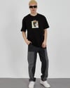 Unisex Bisiklet Yaka Baskılı Oversize T-Shirt - Siyah