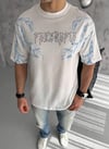 Unisex Bisiklet Yaka Baskılı Oversize T-Shirt - Beyaz