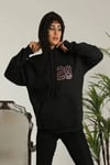 Unisex Kapşonlu Baskılı Sweetshirt - Siyah