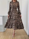 Uzun Kollu Bisiklet Yaka Leopar Desenli Midi Süprem Elbise