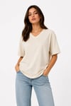 V Yaka Basic Tişört Kısa Kol Yazlık Regular Fit T-Shirt - Bej