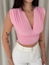 Vatkalı Kolsuz V Yaka Drapeli Crop Bluz Likralı Fit - Pembe