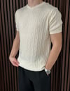 Bisiklet Yaka Örgülü Triko Tshirt Kırık Beyaz
