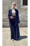 DÜĞMESİZ ÇİZGİLİ LACİVERT ABAYA PANTOLON TAKIM