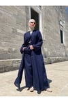 ÖN BOYDAN GİZLİ DÜĞMELİ LACİVERT PANTOLONLU ABAYA TAKIM