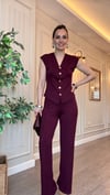 Bordo Modal Kumaş Gold Düğmeli Yelekli Takım