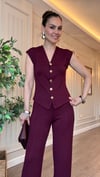 Bordo Modal Kumaş Gold Düğmeli Yelekli Takım