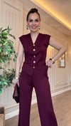 Bordo Modal Kumaş Gold Düğmeli Yelekli Takım