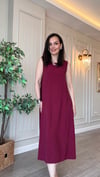Bordo Tensel Kumaş Kolsuz Bisiklet Yaka Maxi Elbise