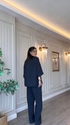 Lacivert Pamuk Tensel İkili Takım Lastikli Bel  Pantolonlu Rahat Kalıp Kadın Takım