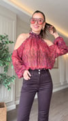 Omuz Detaylı Şifon Desenli Bluz - Bordo
