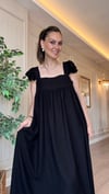 Siyah  Astarlı Keten Elbise-Kolları Fırfır Detaylı