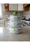 Emaye Pişirme ve Saklama Tenceresi –Cam Kapaklı | 9 parça 3 lü set