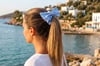 Bow Bomb Serisi: Gök Mavisi Çizgili 2'li Scrunchie ve Fiyonk Seti