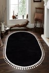 Vl Oval Comfort Ponpon Saçaklı Peluş Halı Siyah
