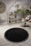 Vl Yuvarlak Comfort Ponpon Saçaklı Peluş Halı Siyah