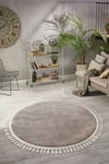 Vl Yuvarlak Comfort Ponpon Saçaklı Peluş Kahverengi Yolluk Halı Pon Pon Ekru
