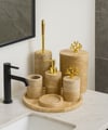 Traverten Banyo Seti 7li Gold Mercan Objeli