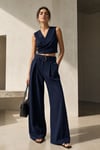 Lacivert Kruvaze Crop Bluz ve Bol Paça Pantolon Takım