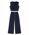 Lacivert Kruvaze Crop Bluz ve Bol Paça Pantolon Takım
