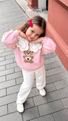 AYICIK APLİKELİ BEBE YAKALI PEMBE HIRKA VE PANTOLON TAKIMI