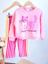 PEMBE KEDİ BASKILI ÇİZGİLİ PANTOLONLU 2 Lİ TAKIM