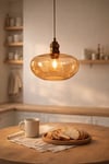 Dekoratif Amber Cam Avize – Eskitme Metal Duy Detaylı Modern Tekli Sarkıt