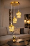 Gold Kristal Taşlı 3'lü Sarkıt Avize | Modern Dekoratif Salon Avizesi