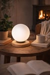 Minimal Küre Camlı Masa Ve Gece Lambası, Masif Ahşap Taban (Gürgen Ağacı) E14