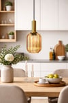 Modern Amber Cam Tekli Sarkıt Avize Gold Metal Gövdeli Dekoratif Mutfak & Salon Avizesi