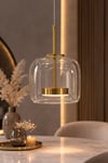 Modern Cam Sarkıt Avize – Gold Detaylı Tekli Led Cam Avize | Mutfak & Salon Aydınlatma
