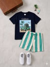 Cg Kids Araba Desenli Çizgili Şortlu Tshirt & Şort Erkek Çocuk Alt Üst Takım