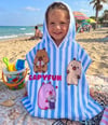 Cg Kids  Capybara Karakter Baskılı Çizgili Kapüşonlu Erkek / Kız Çocuk Panço Plaj ve Havuz Havlusu - Mavi Beyaz