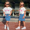 Cg Kids Flamingo Baskılı ve Tül Detaylı Alt Ön Cep Kot Etek Kız Çocuk Alt Üst Takım