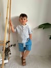 Cg Kids Hakim Yaka Gömlek Fitilli Alt Mavi Jean Kumaş Kot Şort Beli Lastikli Erkek Çocuk Alt Üst Takım