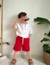 Cg Kids Kaktüs Nakışlı Müslin Hakim Yaka Gömlek Alt Ince Keten Kaktüs Baskılı Kırmızı Şort Erkek Çocuk Alt Üst Takım