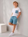 Cg Kids Kargo Cepli Mavi Şort & Beyaz T-shirt Cep Detaylı Erkek Çocuk Alt Üst Takım