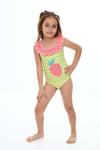 Cg Kids Kız Çocuk Fırfır Yaka Arkası Çapraz Yeşil Çizgili Pembe Çilek Desen Detaylı Mayo Bikini