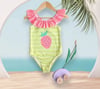 Cg Kids Kız Çocuk Fırfır Yaka Arkası Çapraz Yeşil Çizgili Pembe Çilek Desen Detaylı Mayo Bikini